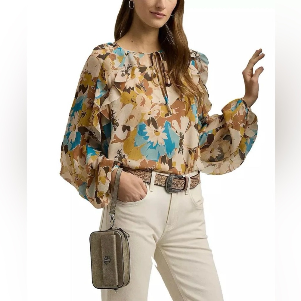 Lauren Ralph Lauren women’s floral crinkle Georgette tie-Neck blouse size 2X NWT